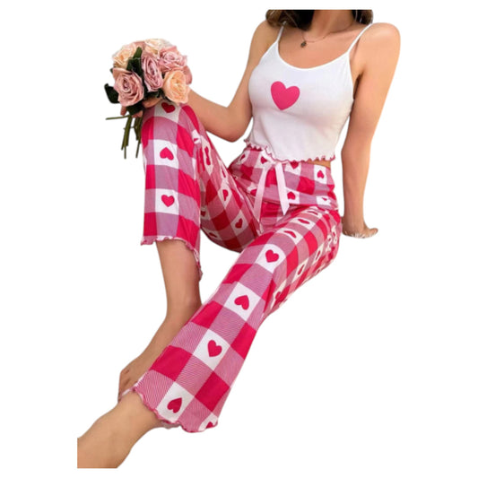Women's pink and white heart print pyjama set – sleeveless cami top with matching wide-leg gingham bottoms, perfect for Valentine's Day loungewear or romantic sleepwear