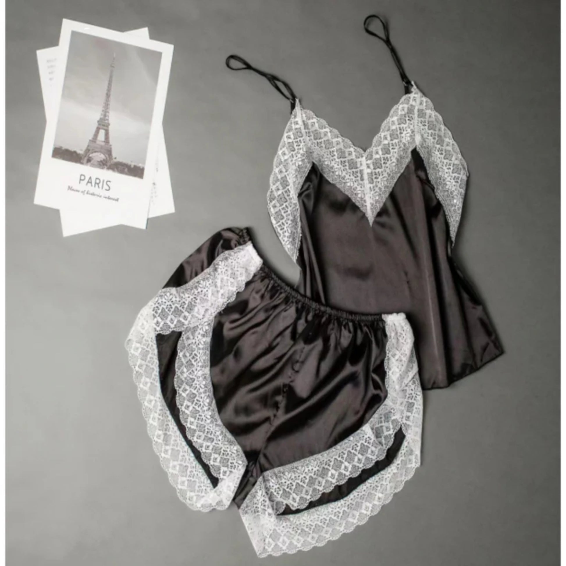 Ladies Black Short 2-Piece Pyjama Set – lightweight summer sleepwear.