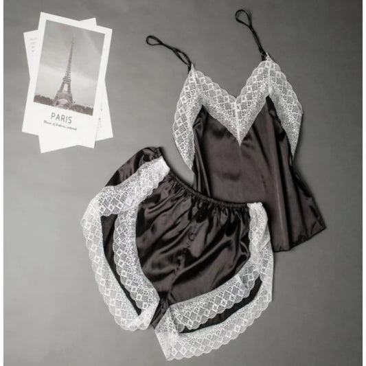 Ladies Black Short 2-Piece Pyjama Set – lightweight summer sleepwear.