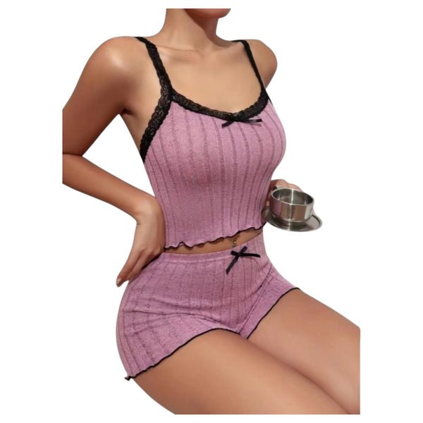 Ladies Ribbed Cami Pyjama Set with Lace & Bow – 2 Piece Sleepwear