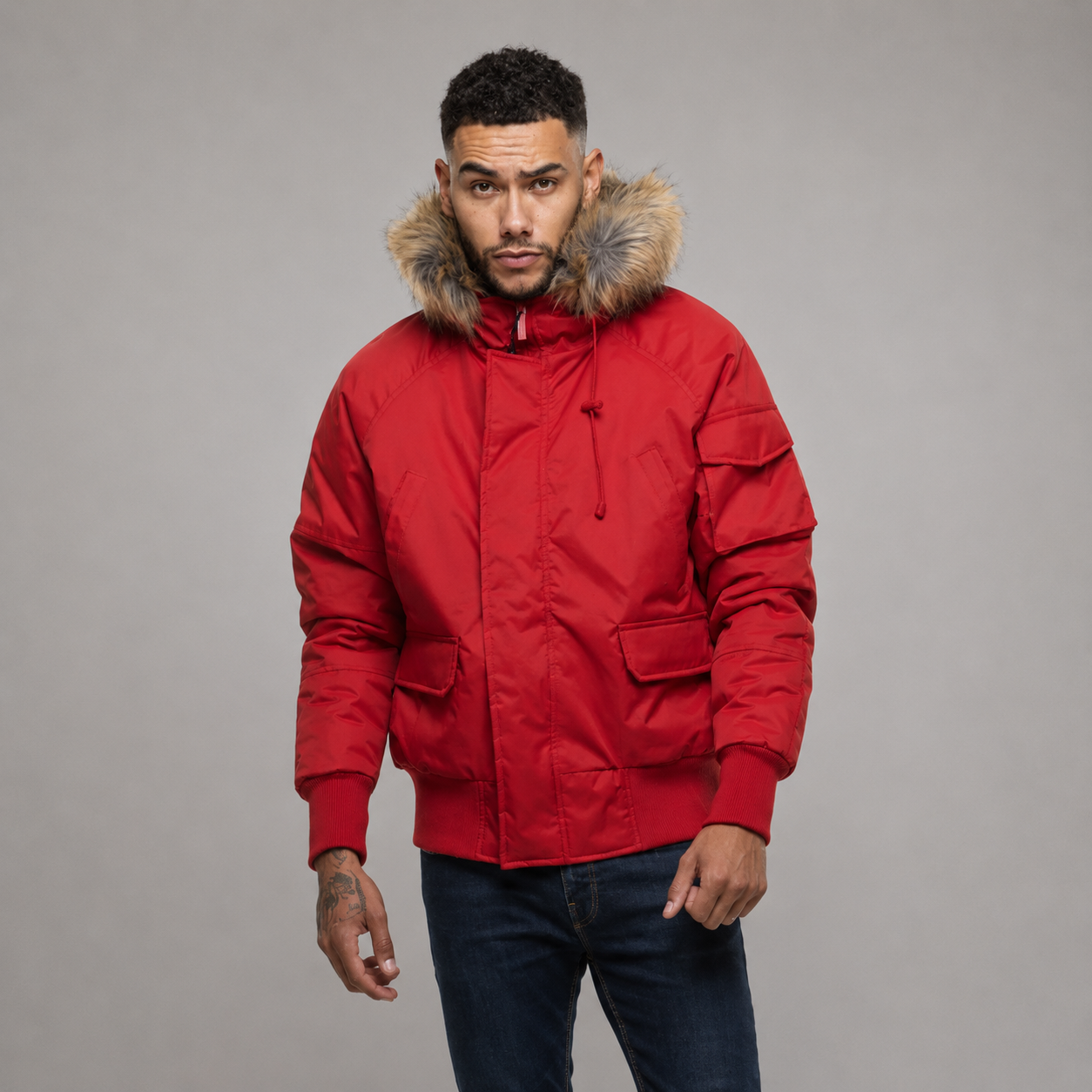 Men's D-Rock short parka jacket winter coat with fur hood wind and water resistant in Red