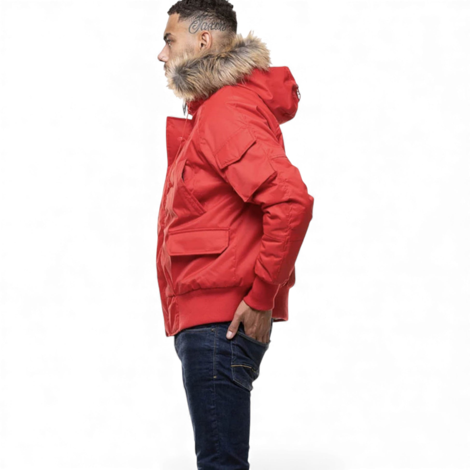 Men's D-Rock short parka jacket winter coat with fur hood wind and water resistant in Red