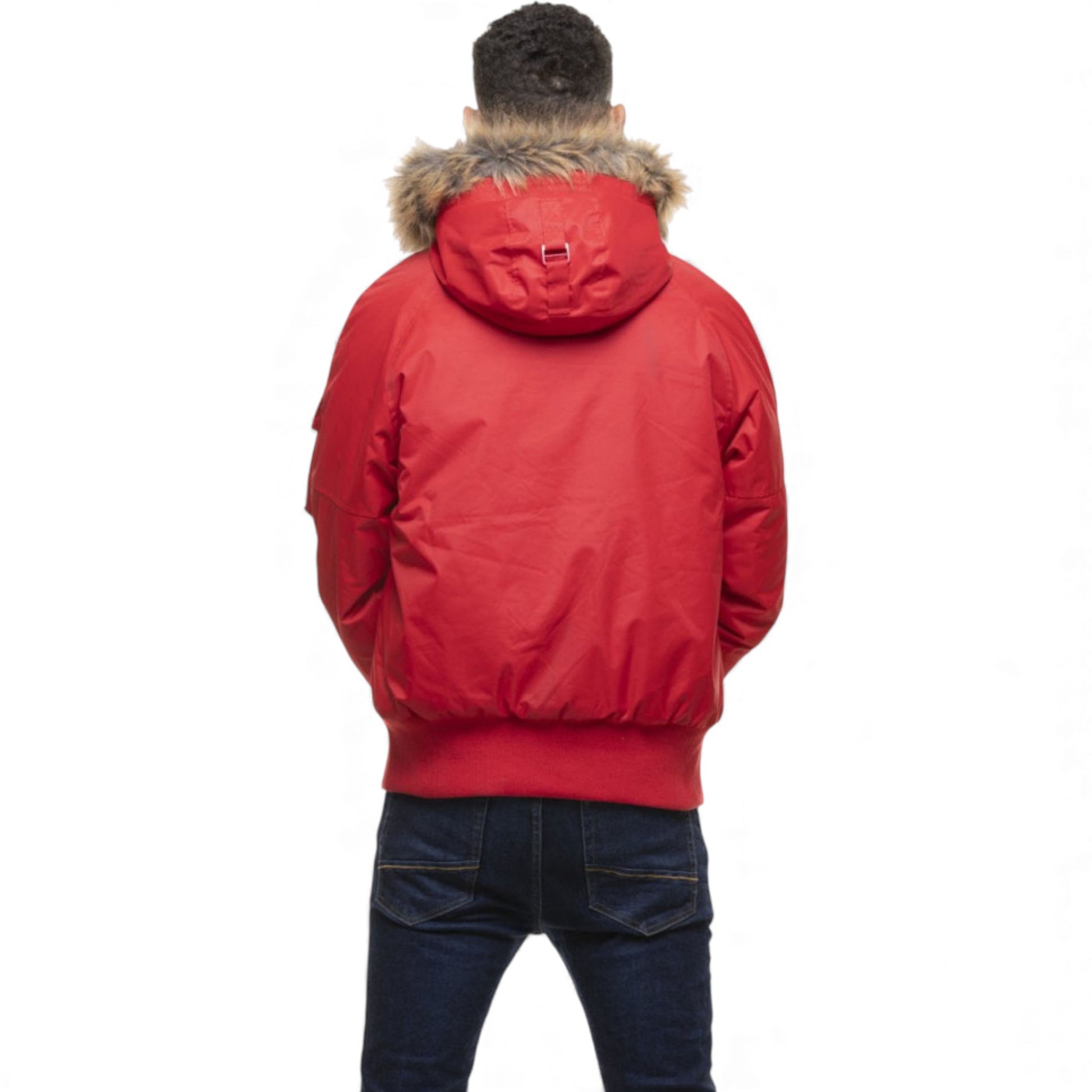 Men's D-Rock short parka jacket winter coat with fur hood wind and water resistant in Red