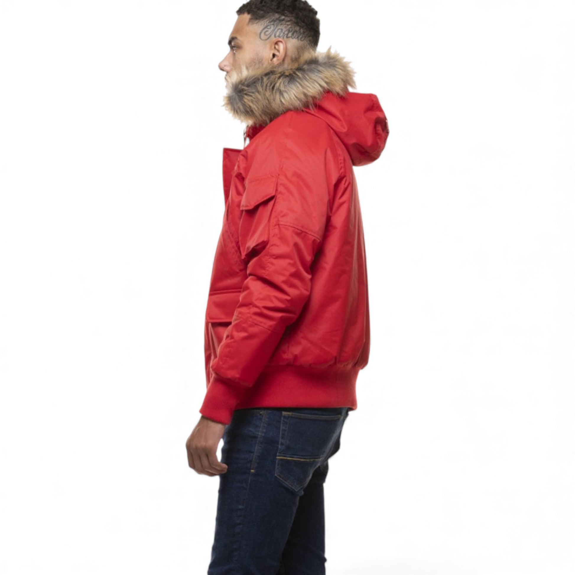 Men's D-Rock short parka jacket winter coat with fur hood wind and water resistant in Red