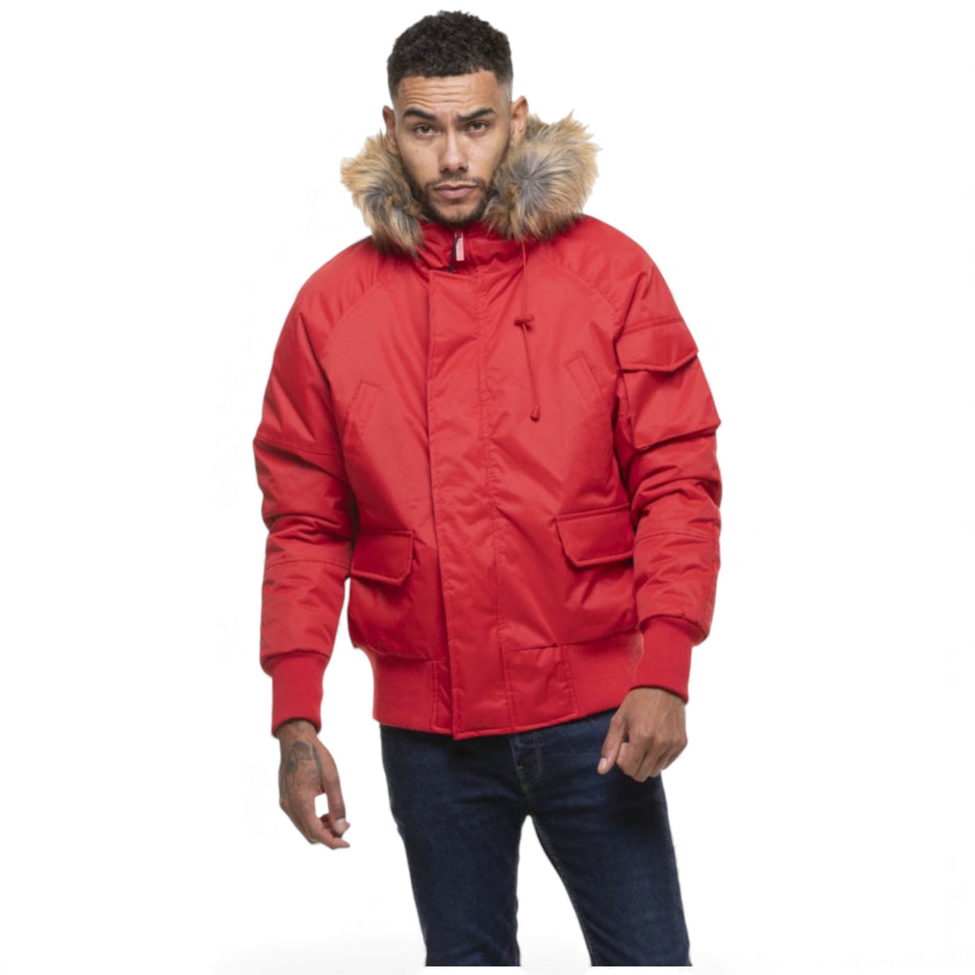 Men's D-Rock short parka jacket winter coat with fur hood wind and water resistant in Red