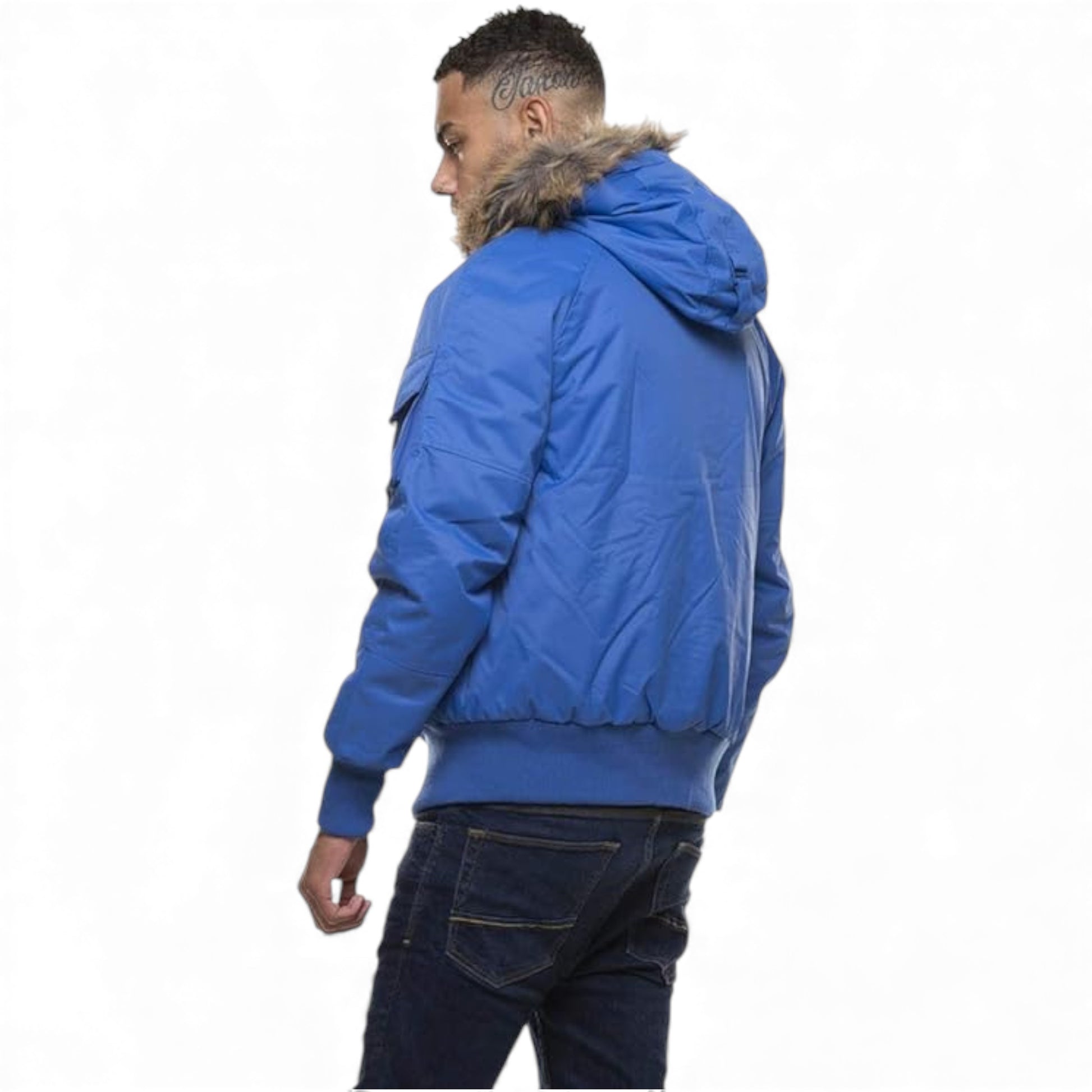 Men's D-Rock short parka jacket winter coat with fur hood wind and water resistant in Royal Blue