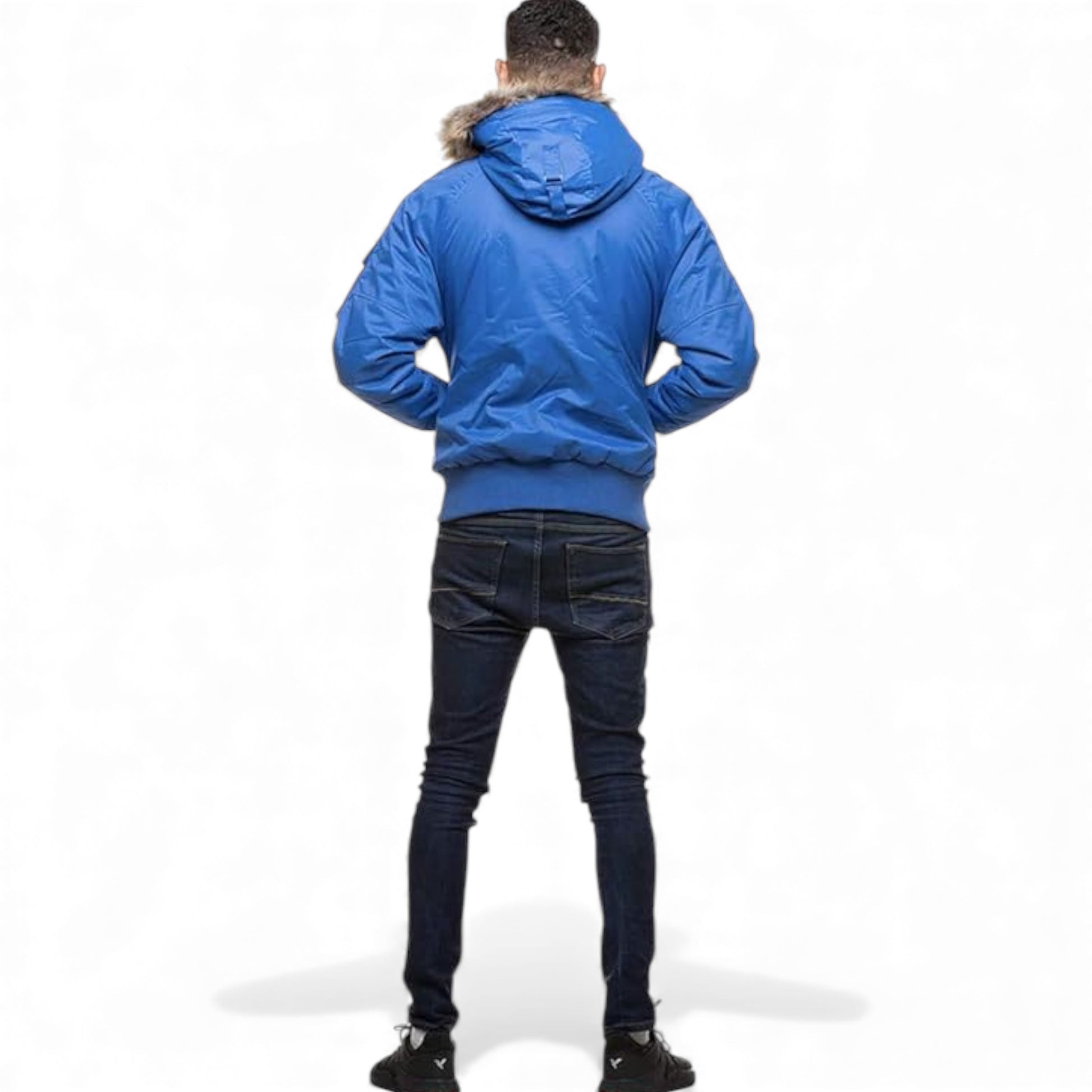 Men's D-Rock short parka jacket winter coat with fur hood wind and water resistant in Royal Blue