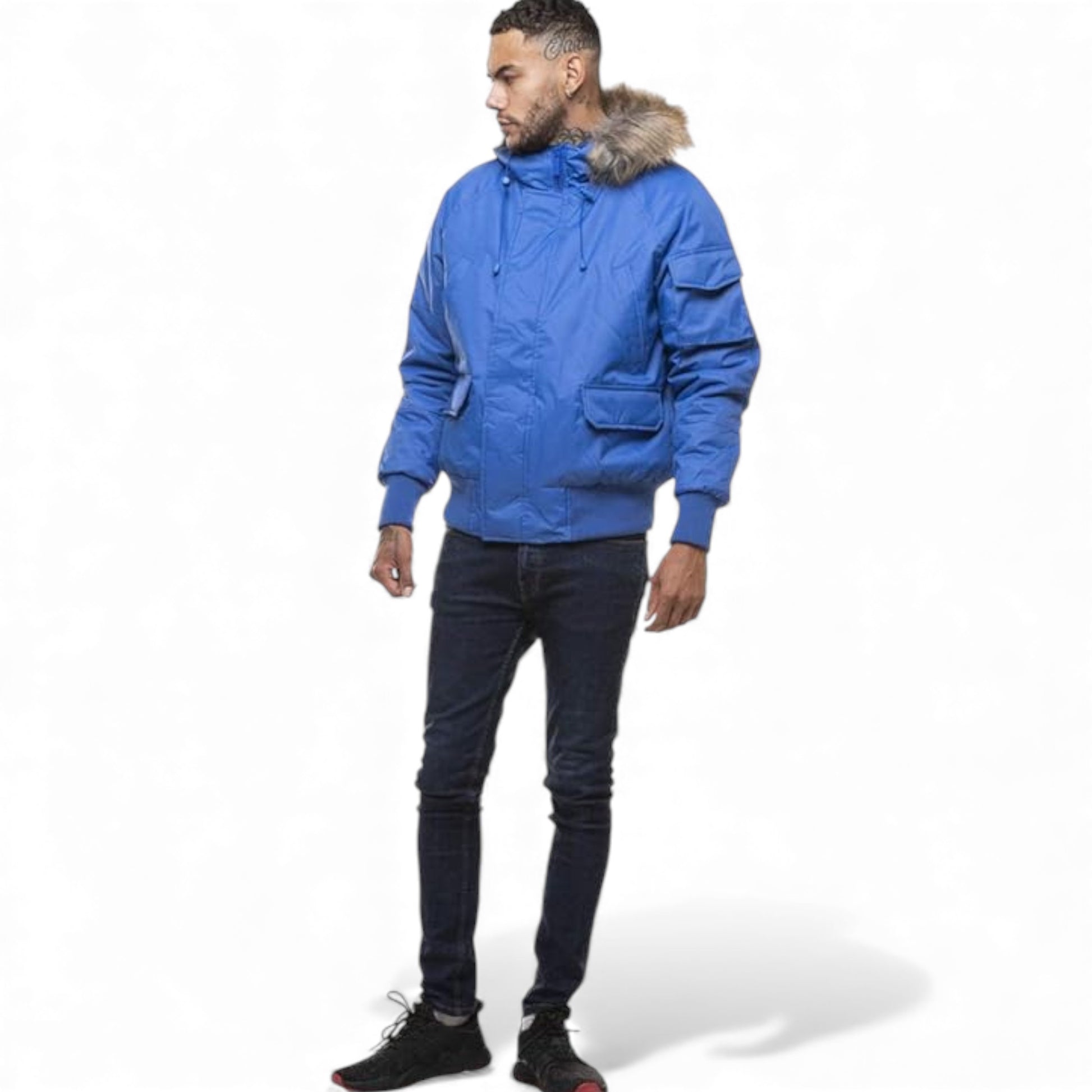 Men's D-Rock short parka jacket winter coat with fur hood wind and water resistant in Royal Blue