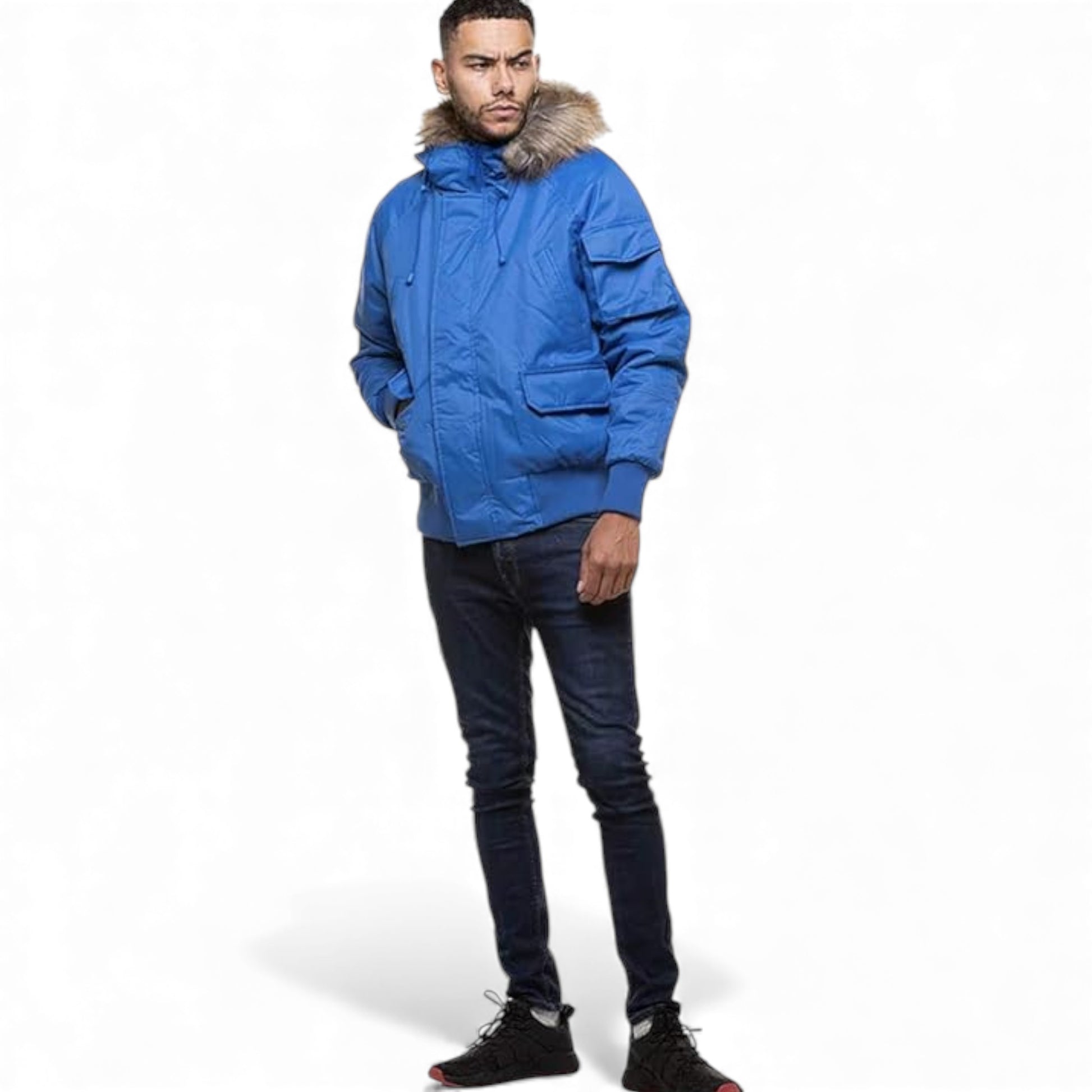 Men's D-Rock short parka jacket winter coat with fur hood wind and water resistant in Royal Blue