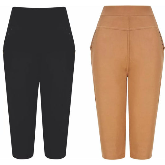Ladies plus size 3/4 length cropped shorts in black and camel with elastic waistband