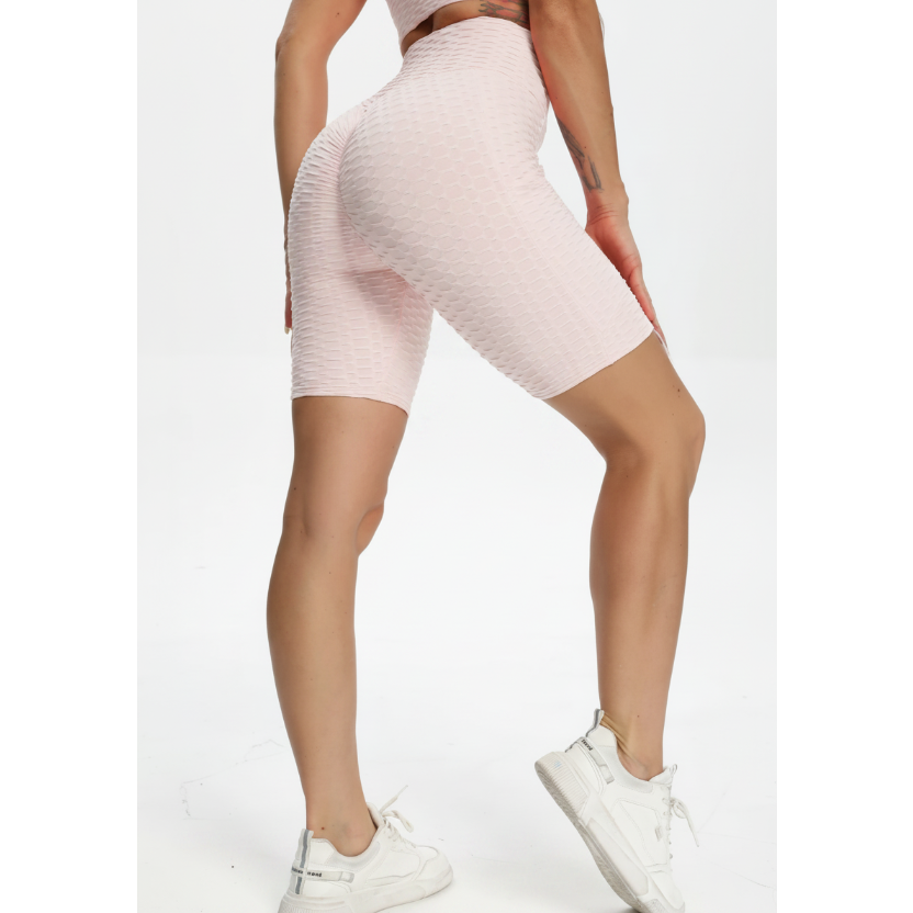 Ladies' high-waisted pink TikTok shorts with textured ruched design – figure-hugging slimming gym and workout shorts 