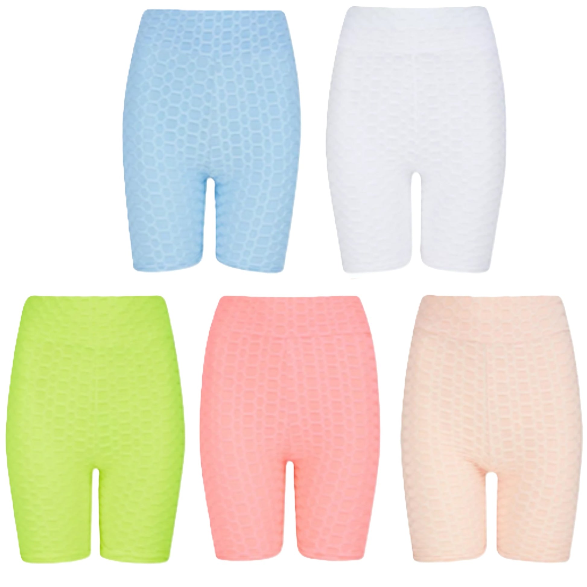 Ladies' high-waisted white, pink, blue and green TikTok shorts with textured ruched design – figure-hugging slimming gym and workout shorts 