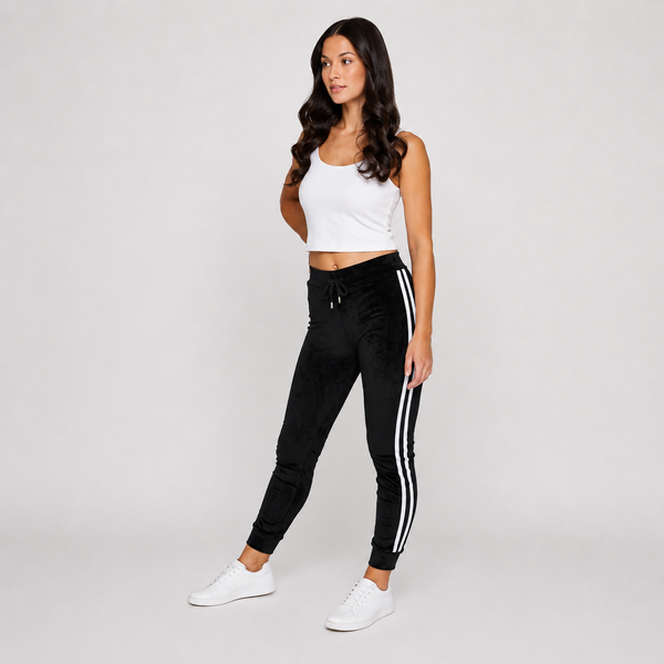 Ladies Velour Side Stripe Joggers (Black)