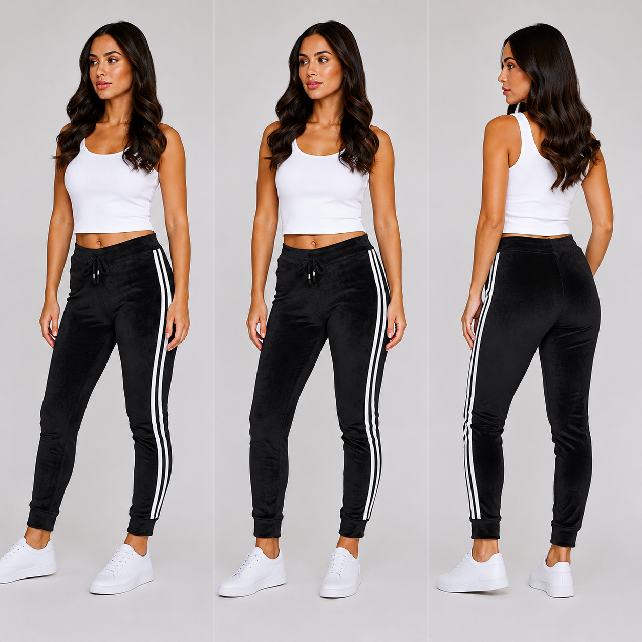 Ladies velour bottoms soft lounge joggers with side stripes in black