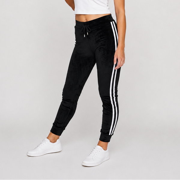 Ladies Velour Side Stripe Joggers (Black)