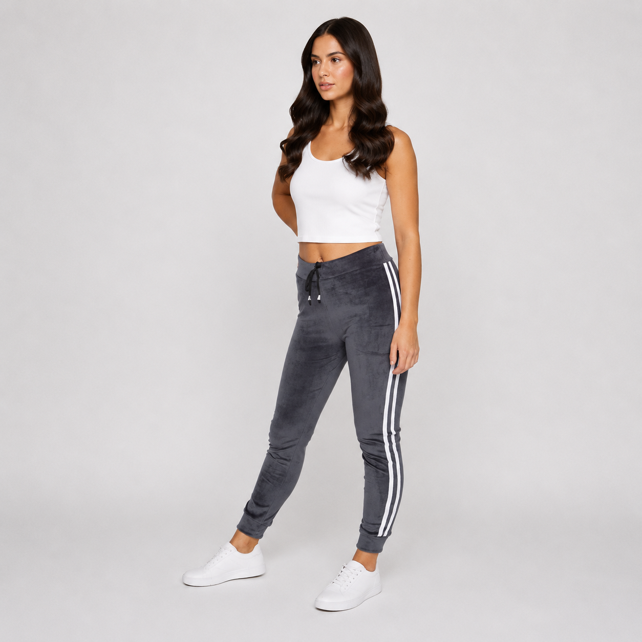 Ladies velour bottoms soft lounge joggers with side stripes in grey