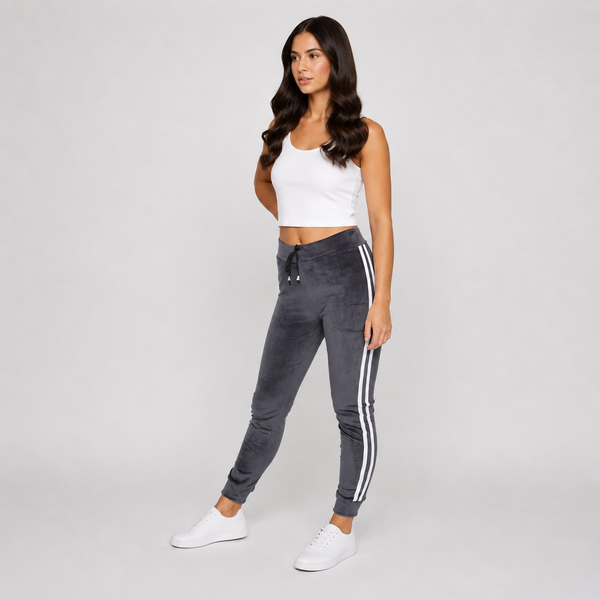 Ladies Velour Side Stripe Joggers (Grey)