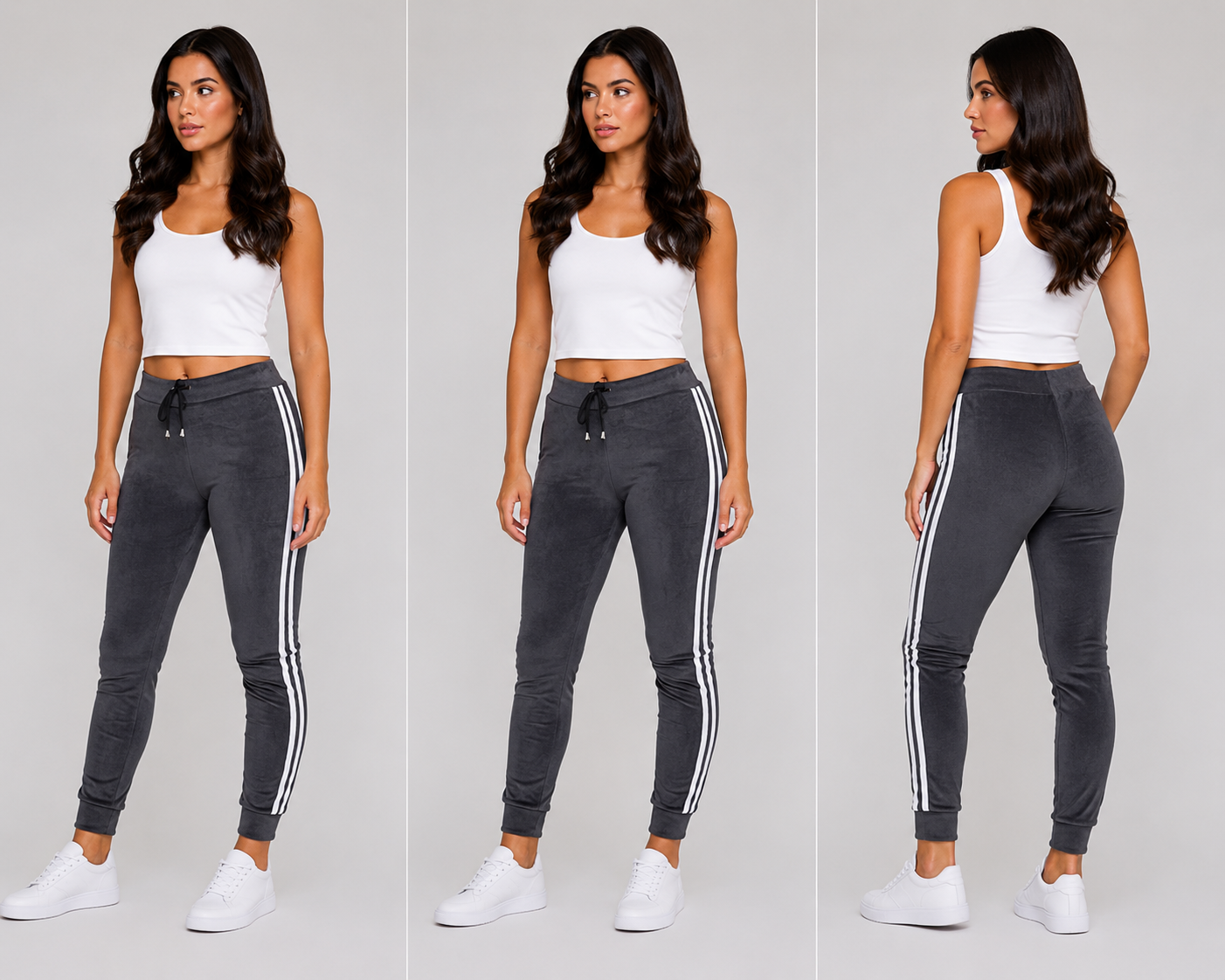 Ladies velour bottoms soft lounge joggers with side stripes in grey