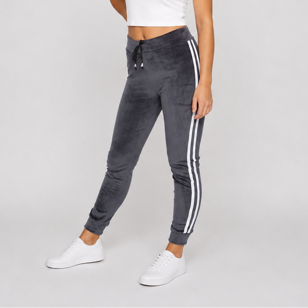 Ladies Velour Side Stripe Joggers (Grey)