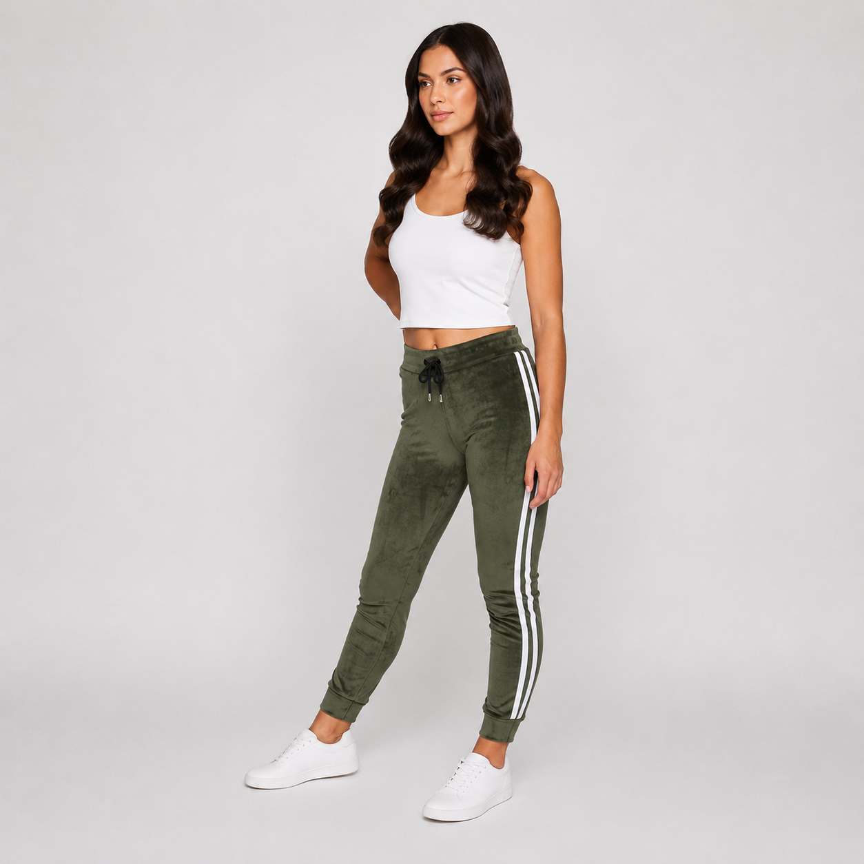 Ladies velour bottoms soft lounge joggers with side stripes in khaki