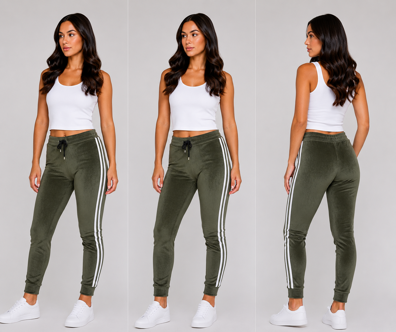 Ladies velour bottoms soft lounge joggers with side stripes in khaki