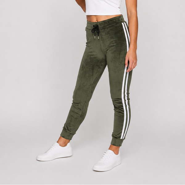 Ladies Velour Side Stripe Joggers (Khaki)