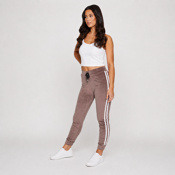 Ladies Velour Side Stripe Joggers (Mushroom)