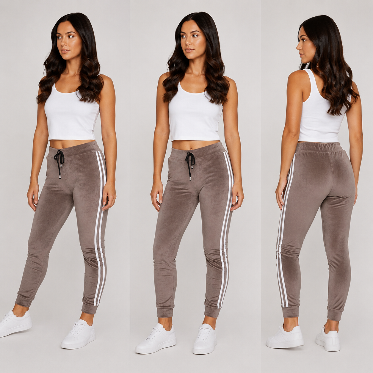 Ladies velour bottoms soft lounge joggers with side stripes in mushroom