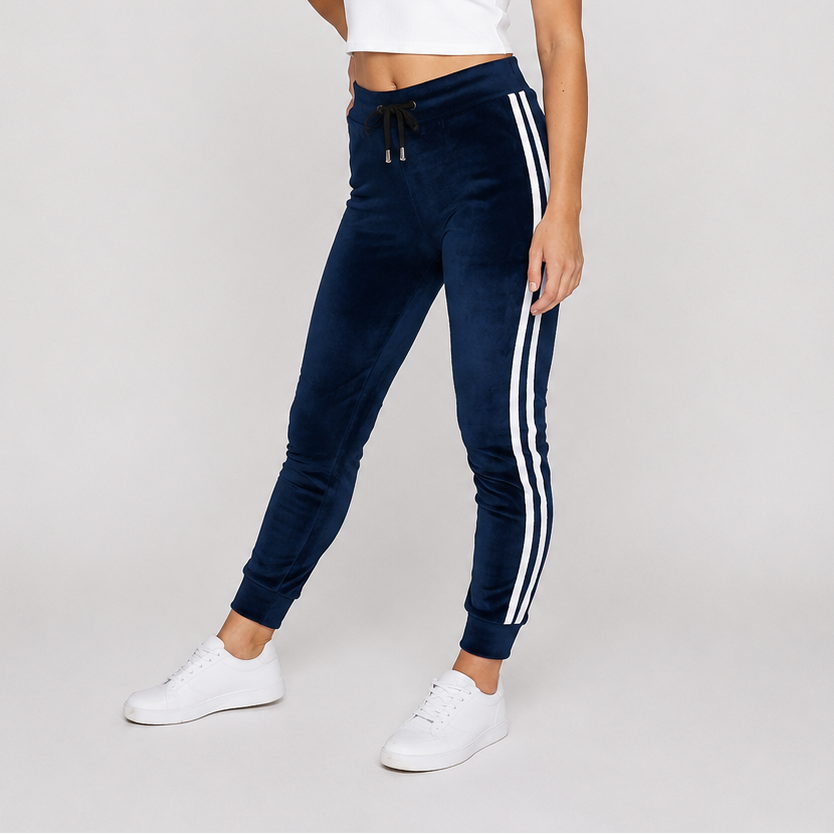 Ladies velour bottoms soft lounge joggers with side stripes in navy