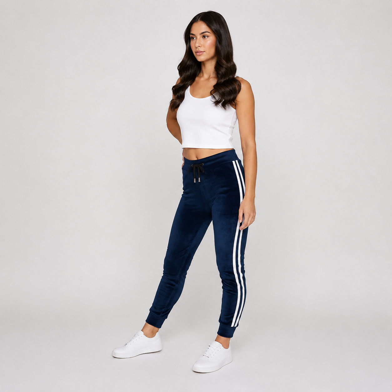 Ladies velour bottoms soft lounge joggers with side stripes in navy