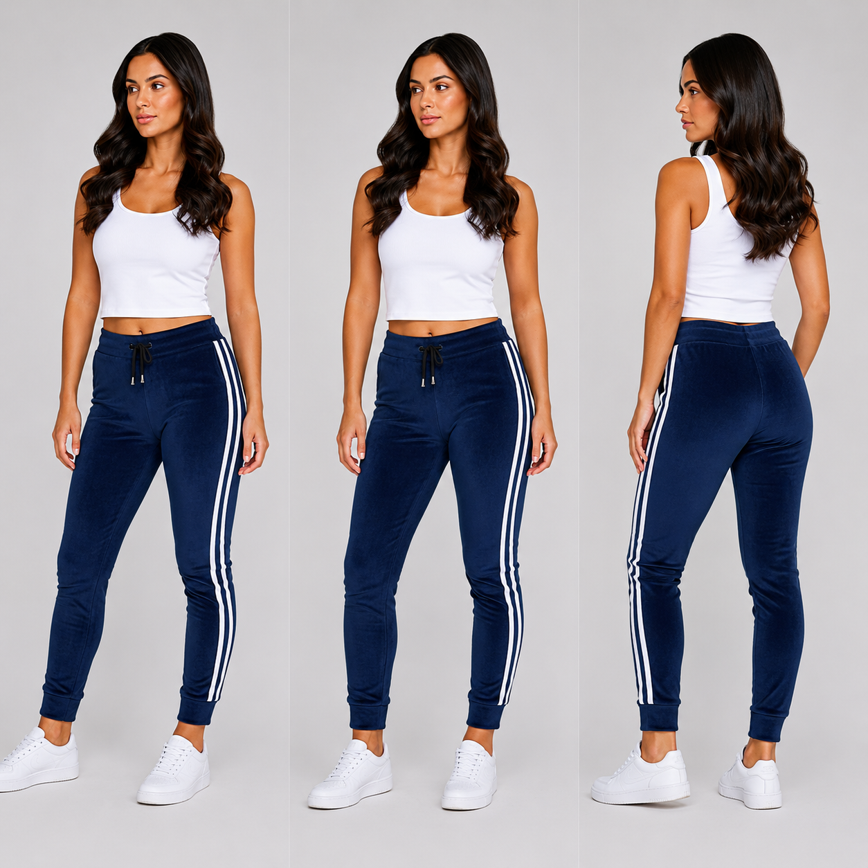 Ladies velour bottoms soft lounge joggers with side stripes in navy