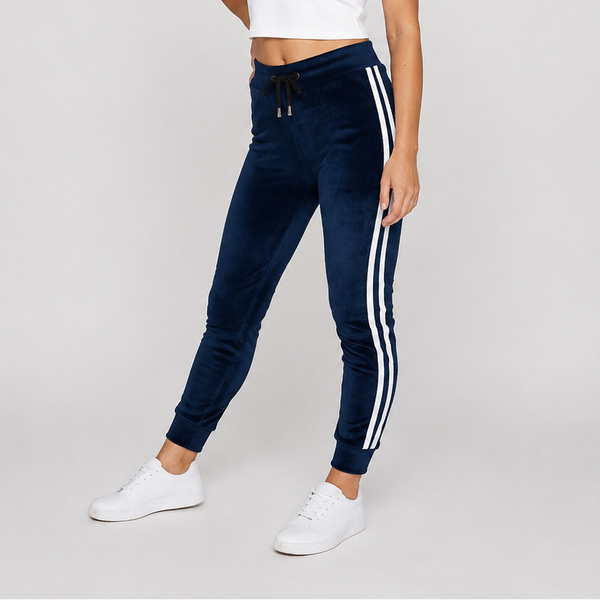 Ladies Velour Side Stripe Joggers (Navy)
