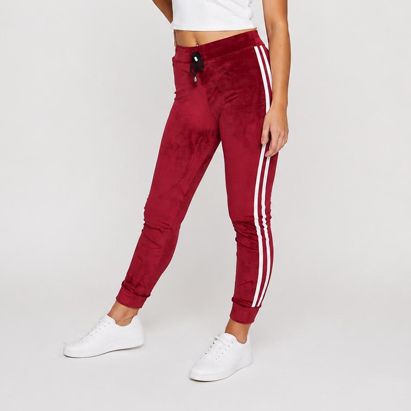 Ladies velour bottoms soft lounge joggers with side stripes in wine
