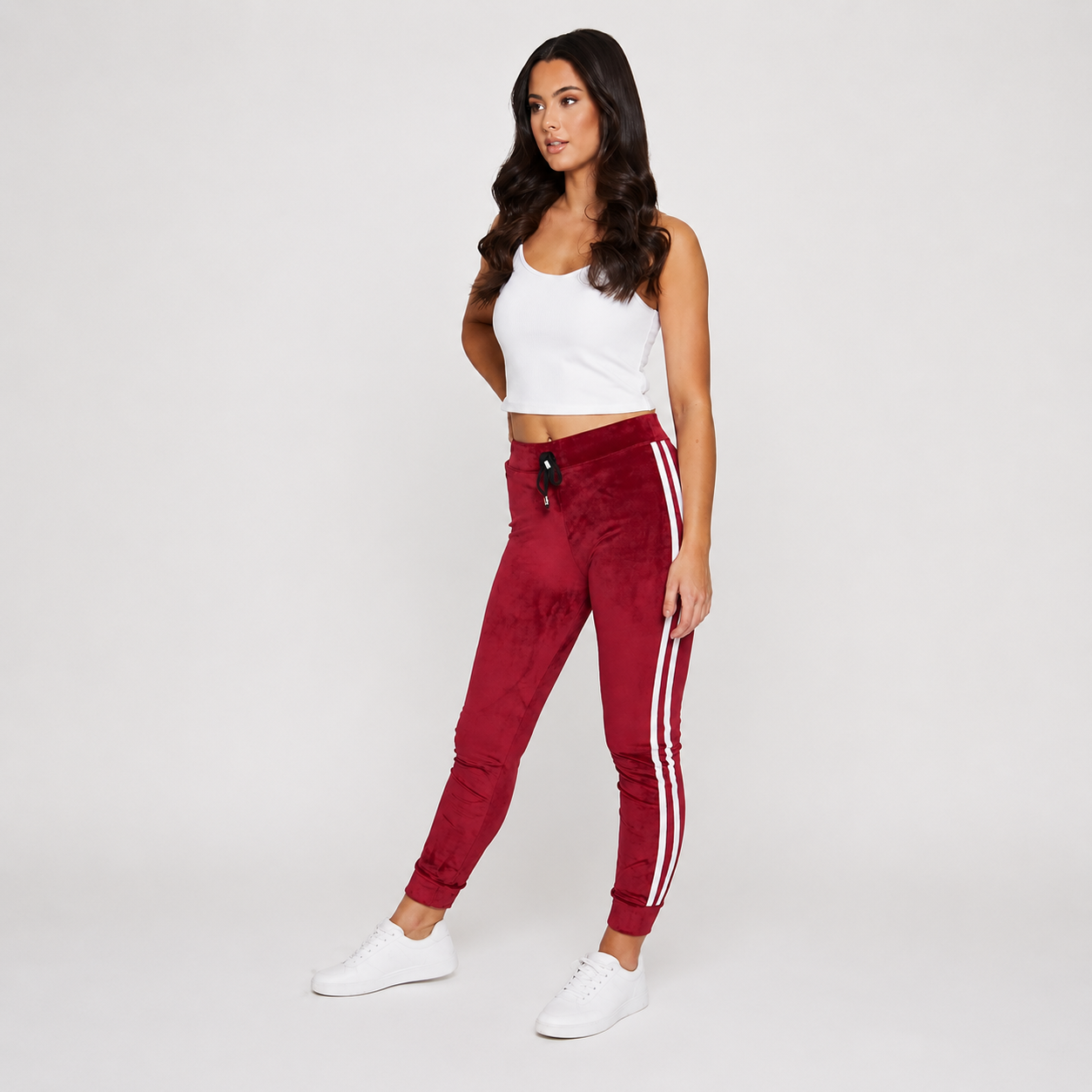 Ladies velour bottoms soft lounge joggers with side stripes in wine
