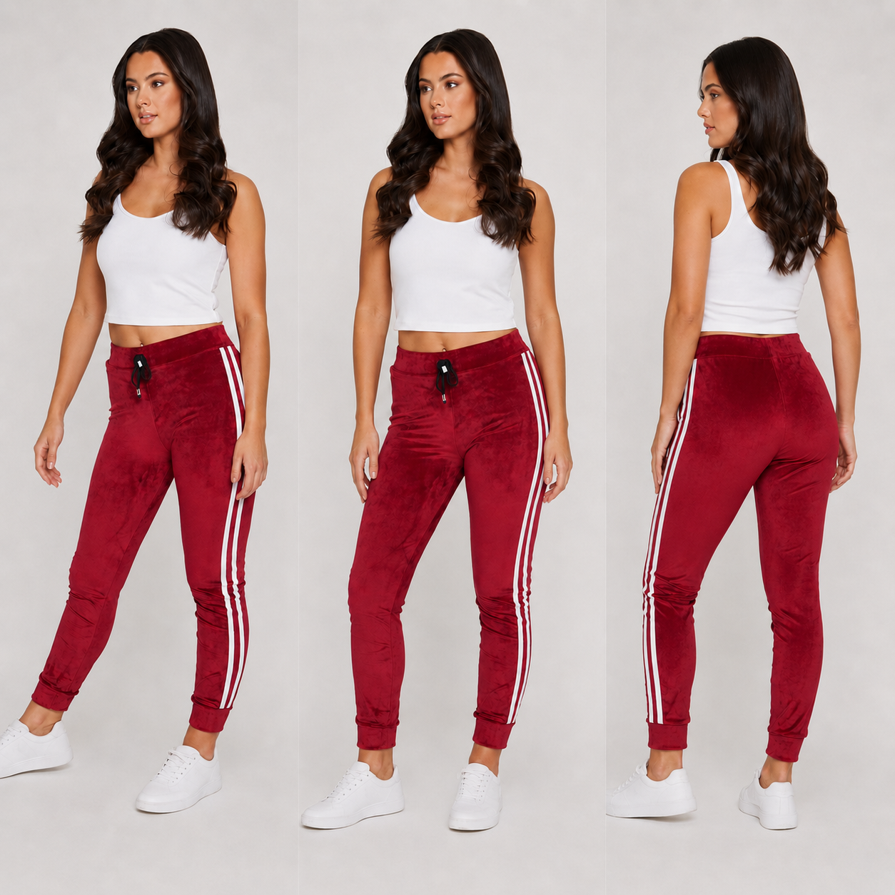 Ladies velour bottoms soft lounge joggers with side stripes in wine