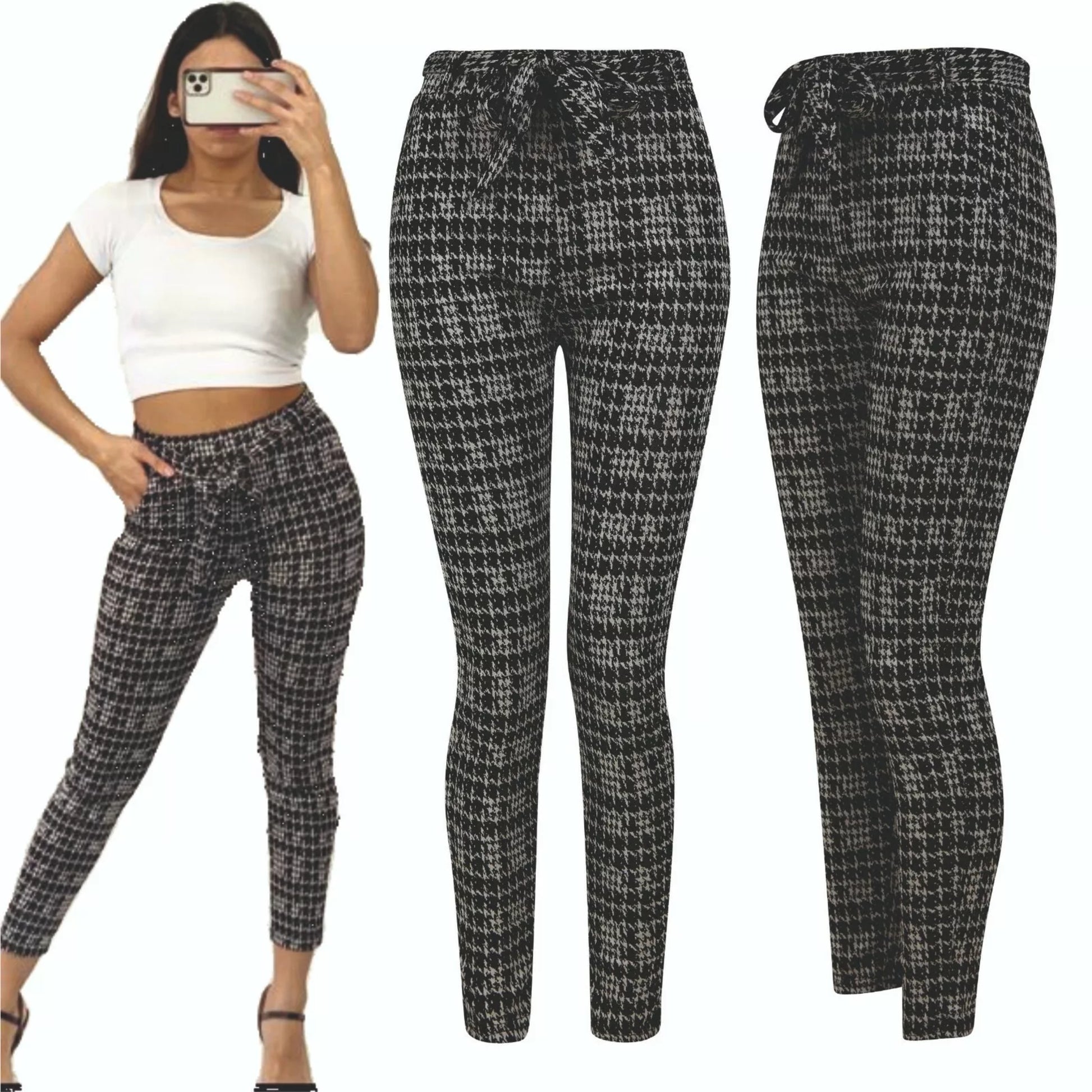 Women's black and white houndstooth check slim fit trousers with tie waist