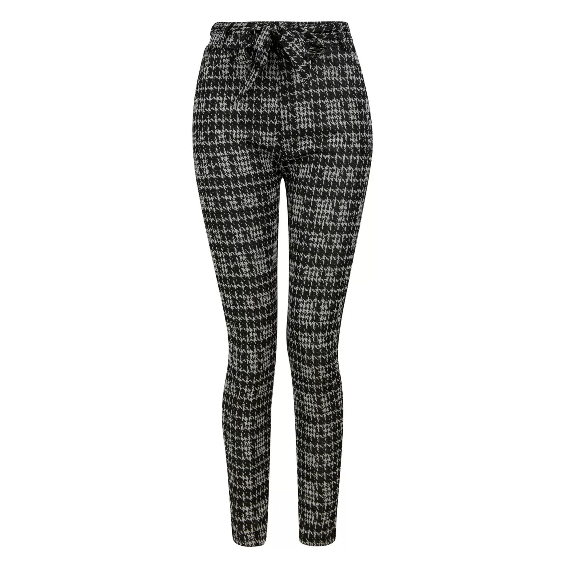 Women's black and white houndstooth check slim fit trousers with tie waist