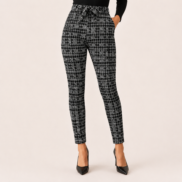 Ladies Black White Houndstooth Tie Waist Skinny Trousers