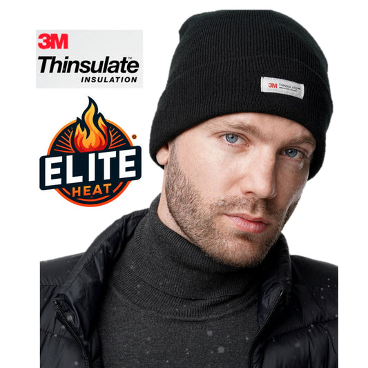Men's Elite Heat black beanie hat with 3M Thinsulate insulation for warmth in cold weather