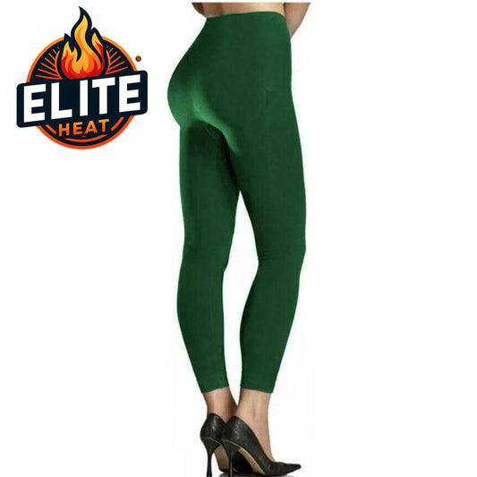 Women’s Green Elite Heat fleece lined leggings – high waist, elastic stretch, thermal warm Ladies winter bottoms - Mega Warm