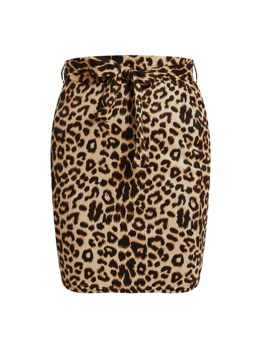 Ladies soft touch leopard print mini pencil skirt with tie waist detail and high waisted fitted design