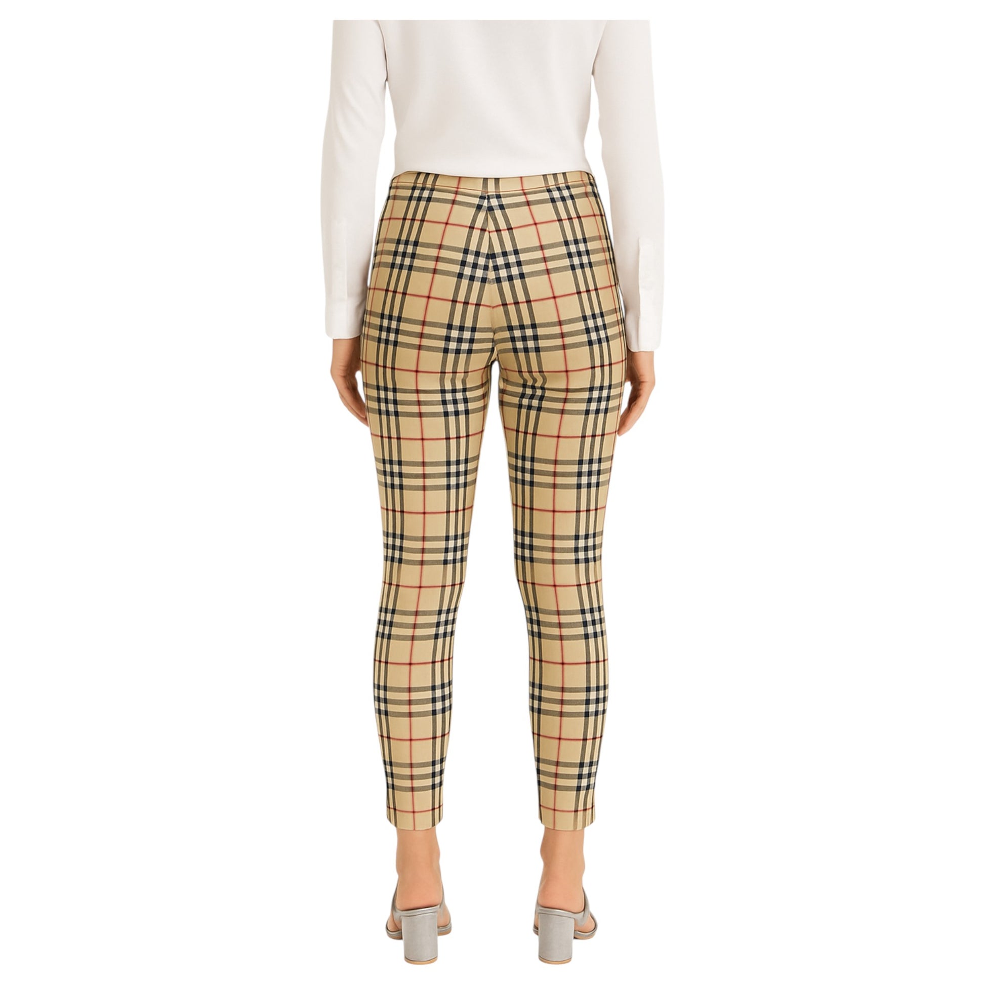 Womens beige check jeggings – Ladies soft touch stretchy slim fit high waist legging trousers