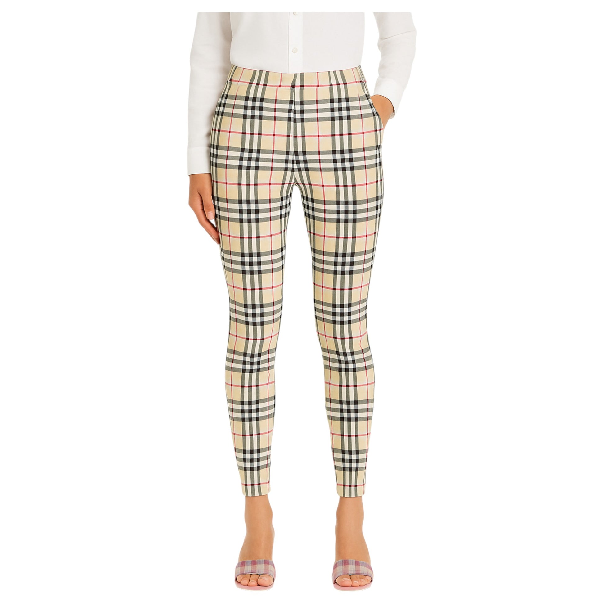 Womens beige check jeggings – Ladies soft touch stretchy slim fit high waist legging trousers