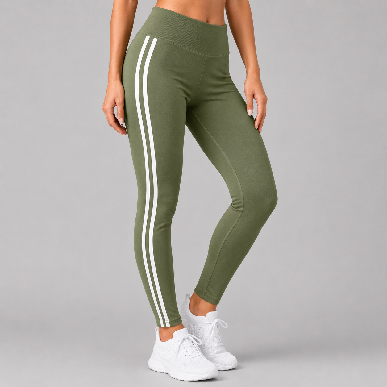 Khaki green with white stripe high waisted leggings activewear gymwear 