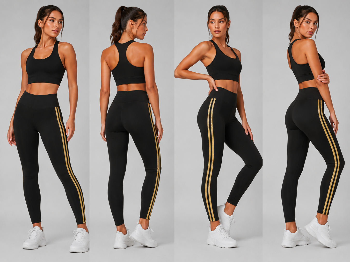 Ladies black with gold stripe high waisted leggings activewear gymwear 
