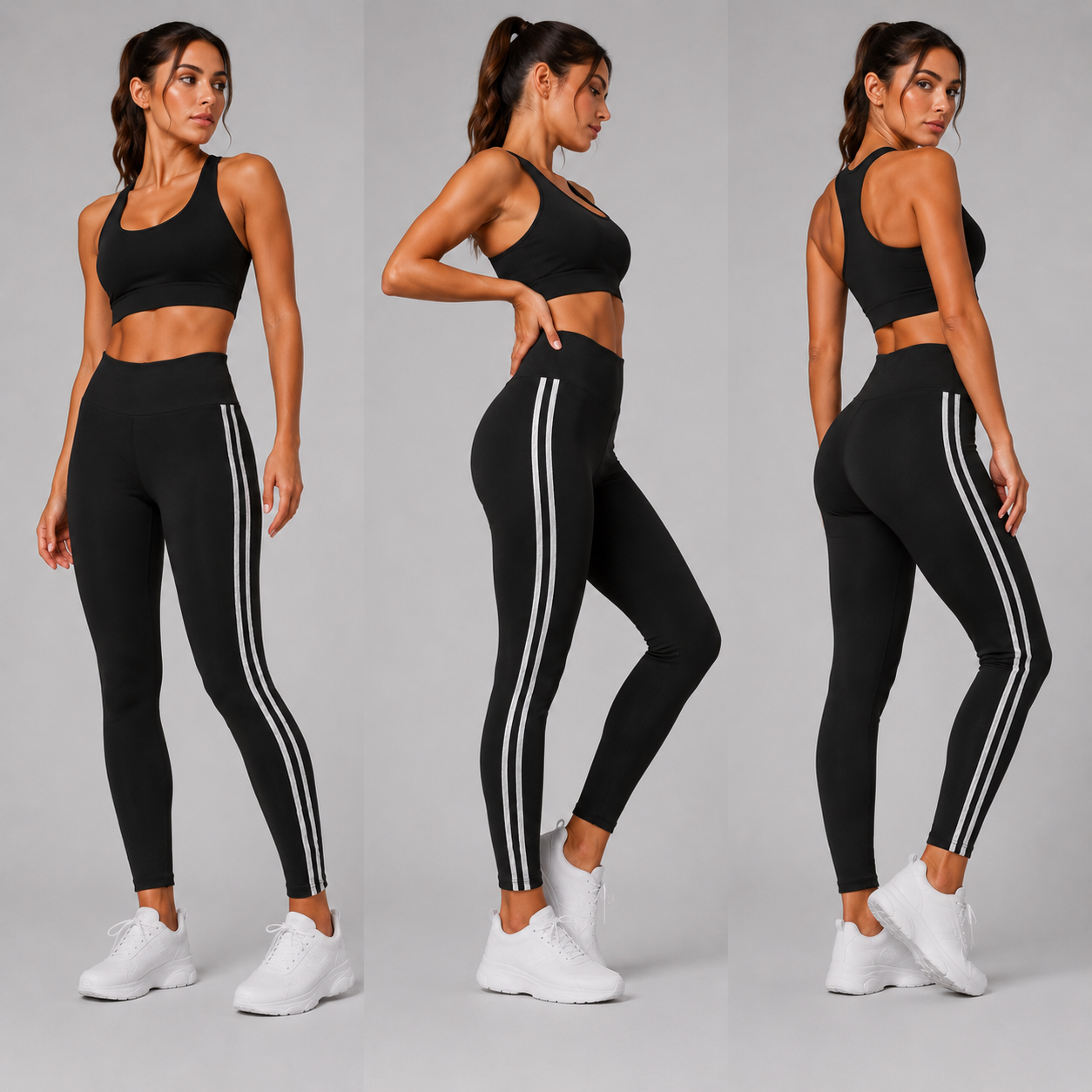 Ladies black with silver stripe high waisted leggings activewear gymwear 