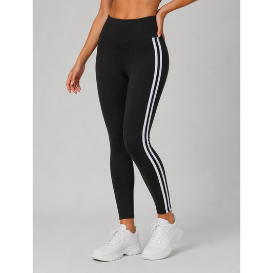 Ladies black with white stripe high waisted leggings activewear gymwear 