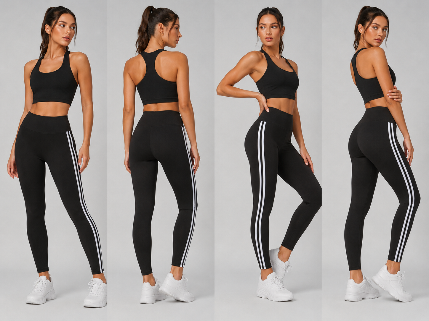 Ladies black with white stripe high waisted leggings activewear gymwear 