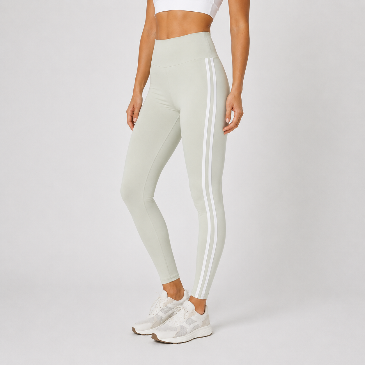 Ladies pistachio with white stripe high waisted leggings activewear gymwear 