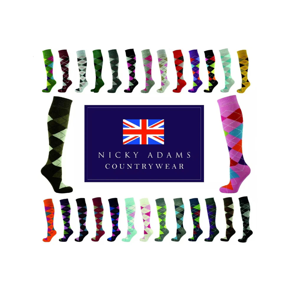 Nicky Adams colourful argyle equestrian riding knee high socks collection